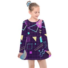 Retrowave Aesthetic Vaporwave Retro Memphis Pattern 80s Design 3d Geometric Shapes Kids  Long Sleeve Dress by genx