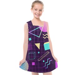 Retrowave Aesthetic Vaporwave Retro Memphis Pattern 80s Design 3d Geometric Shapes Kids  Cross Back Dress by genx