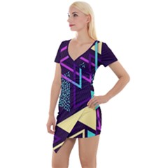 Retrowave Aesthetic Vaporwave Retro Memphis Triangle Pattern 80s Yellow Turquoise Purple Short Sleeve Asymmetric Mini Dress by genx