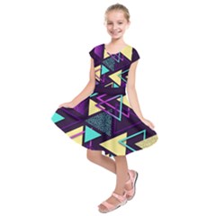 Retrowave Aesthetic Vaporwave Retro Memphis Triangle Pattern 80s Yellow Turquoise Purple Kids  Short Sleeve Dress by genx