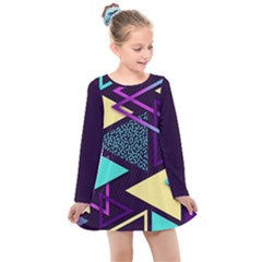 Retrowave Aesthetic Vaporwave Retro Memphis Triangle Pattern 80s Yellow Turquoise Purple Kids  Long Sleeve Dress by genx