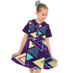 Retrowave Aesthetic Vaporwave Retro Memphis Triangle Pattern 80s Yellow Turquoise Purple Kids  Short Sleeve Shirt Dress by genx