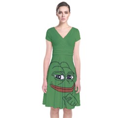 Pepe The Frog Smug Face With Smile And Hand On Chin Meme Kekistan All Over Print Green Short Sleeve Front Wrap Dress by snek