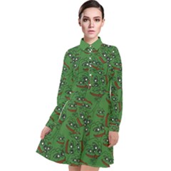 Pepe The Frog Perfect A-ok Handsign Pattern Praise Kek Kekistan Smug Smile Meme Green Background Long Sleeve Chiffon Shirt Dress by snek