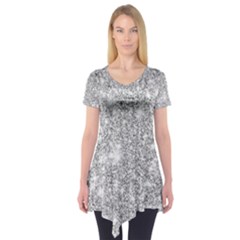 Silver And White Glitters Metallic Finish Party Texture Background Imitation Short Sleeve Tunic  by genx