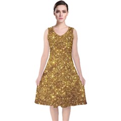 Gold Glitters Metallic Finish Party Texture Background Faux Shine Pattern V-neck Midi Sleeveless Dress  by genx