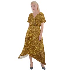 Gold Glitters Metallic Finish Party Texture Background Faux Shine Pattern Cross Front Sharkbite Hem Maxi Dress by genx