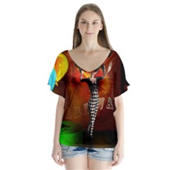 Cute Little Harlequin V-neck Flutter Sleeve Top by FantasyWorld7