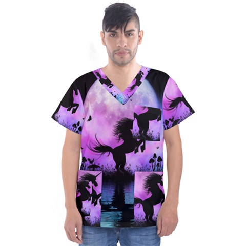 Wonderful Unicorn With Fairy In The Night Men s V-neck Scrub Top by FantasyWorld7