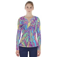 Feathers Pattern V-neck Long Sleeve Top by Sobalvarro