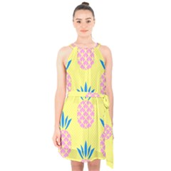 Summer Pineapple Seamless Pattern Halter Collar Waist Tie Chiffon Dress by Sobalvarro