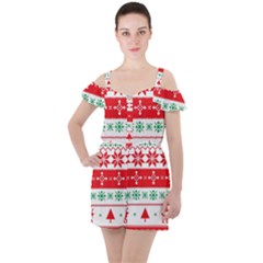 Ugly Christmas Sweater Pattern Ruffle Cut Out Chiffon Playsuit by Sobalvarro