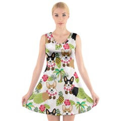 Corgis Hula Pattern V-neck Sleeveless Dress by Sapixe