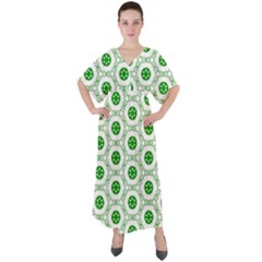 White Green Shapes V-neck Boho Style Maxi Dress by Mariart