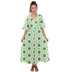 White Green Shapes Kimono Sleeve Boho Dress by Mariart