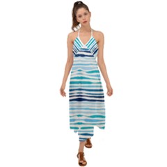 Blue Waves Pattern Halter Tie Back Dress  by designsbymallika