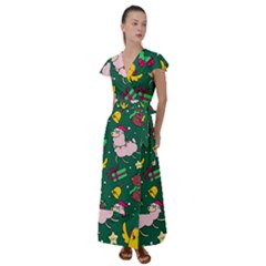 Funny Decoration Christmas Pattern Background Flutter Sleeve Maxi Dress by Vaneshart