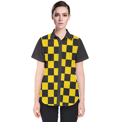 Checkerboard Pattern Black And Yellow Ancap Libertarian Women s Short Sleeve Shirt by snek