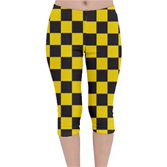 Checkerboard Pattern Black And Yellow Ancap Libertarian Velvet Capri Leggings  by snek