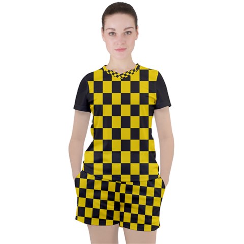 Checkerboard Pattern Black And Yellow Ancap Libertarian Women s Tee And Shorts Set by snek