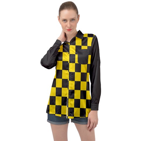 Checkerboard Pattern Black And Yellow Ancap Libertarian Long Sleeve Satin Shirt by snek