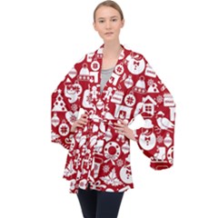 Christmas Seamless Pattern Icons Long Sleeve Velvet Kimono  by Vaneshart