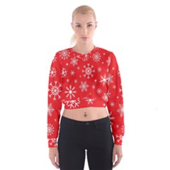 Christmas Seamless With Snowflakes Snowflake Pattern Red Background Winter Cropped Sweatshirt by Vaneshart