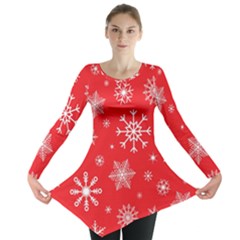 Christmas Seamless With Snowflakes Snowflake Pattern Red Background Winter Long Sleeve Tunic  by Vaneshart