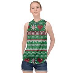 Knitted Christmas Pattern Green Red High Neck Satin Top by Vaneshart