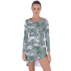 Green And White Textured Botanical Motif Manipulated Photo Asymmetric Cut-out Shift Dress by dflcprintsclothing