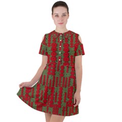 Bloom In Yule Season Colors Short Sleeve Shoulder Cut Out Dress  by pepitasart