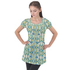 Colored Geometric Ornate Patterned Print Puff Sleeve Tunic Top by dflcprintsclothing