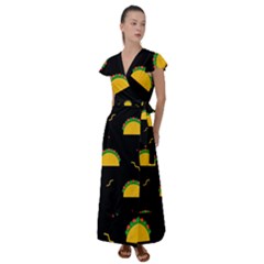 Festive Seamless Pattern With National Taco Food Flutter Sleeve Maxi Dress by Wegoenart