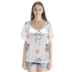 Seamless Pattern Cute Cat With Little Heart Hearts V-neck Flutter Sleeve Top by Wegoenart