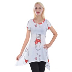 Seamless Pattern Cute Cat With Little Heart Short Sleeve Side Drop Tunic by Wegoenart