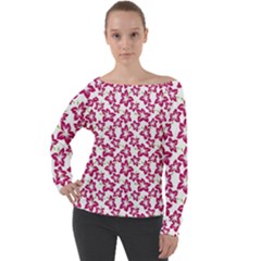 Cute Flowers - Peacock Pink White Off Shoulder Long Sleeve Velour Top by FashionBoulevard