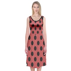 Polka Dots Black On Indian Red Midi Sleeveless Dress by FashionBoulevard