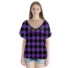 Block Fiesta Black And Imperial Purple V-neck Flutter Sleeve Top by FashionBoulevard