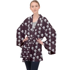 White Rose In Maroon Long Sleeve Velvet Kimono  by snowwhitegirl