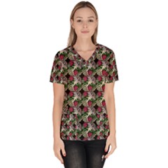 Doily Rose Pattern Black Women s V-neck Scrub Top by snowwhitegirl