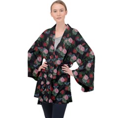 Dark Floral Butterfly Black Long Sleeve Velvet Kimono  by snowwhitegirl