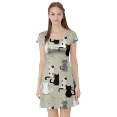 Cute Cat Seamless Pattern Short Sleeve Skater Dress by Vaneshart