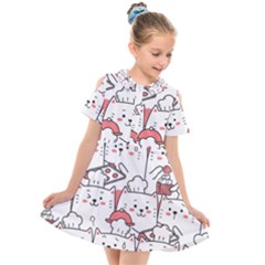 Cute Cat Chef Cooking Seamless Pattern Cartoon Kids  Short Sleeve Shirt Dress by Vaneshart