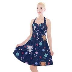 Cute Astronaut Cat With Star Galaxy Elements Seamless Pattern Halter Party Swing Dress  by Vaneshart