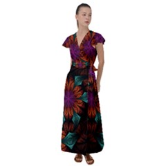 Fractal Flower Fantasy Floral Flutter Sleeve Maxi Dress by Wegoenart