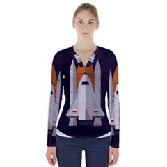 Rocket Space Universe Spaceship V-neck Long Sleeve Top by Wegoenart