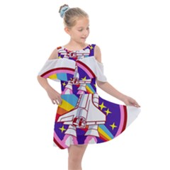 Pink Rainbow Rocket Kids  Shoulder Cutout Chiffon Dress by Wegoenart