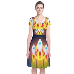 Rocket Take Off Missiles Cosmos Short Sleeve Front Wrap Dress by Wegoenart