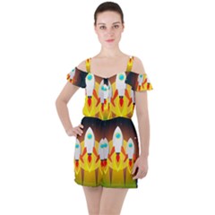 Rocket Take Off Missiles Cosmos Ruffle Cut Out Chiffon Playsuit by Wegoenart