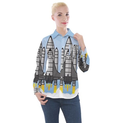 Rocket Shuttle Spaceship Science Women s Long Sleeve Pocket Shirt by Wegoenart